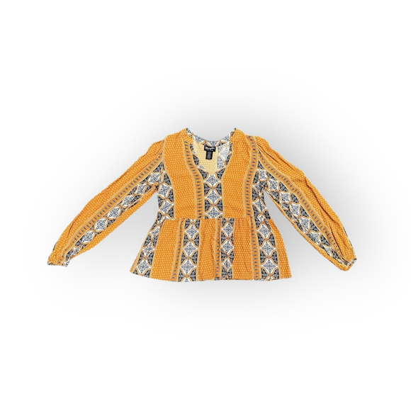 WRANGLER RETRO WOMEN'S SPLIT NECK PEPLUM PRINT MUSTARD PEASANT TOP Sz Small - Picture 2 of 7